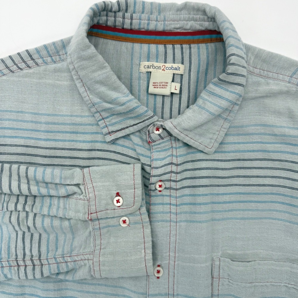 Carbon‎ 2 Cobalt Button Down Mens Large Blue Striped Gauze Long Sleeve Shirt
